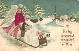 Christmas, Santa Claus, angel, Emb. litho (EK)