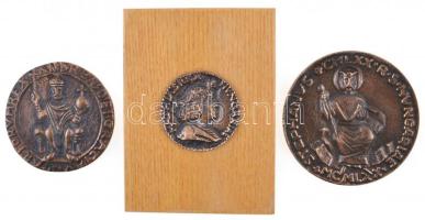 1970. "Szent István 970-1970" Br emlékérem (67mm) + DN "II. András" Br emlékérem másolata (copy), (57mm) + DN "Mátyás Király" Br emlékérem fa talpon (40mm) T:2
