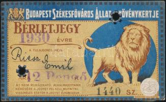 1930 a budapesti Állatkertbe szóló, fényképes, kitöltött éves bérlet