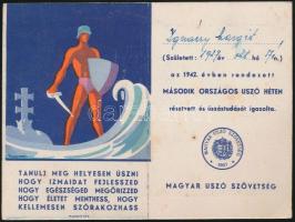 1942 a Magyar Úszószövetség által a második országos úszóhét alkalmából kiállított, névre szóló emléklap