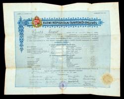 1916 a Budapesti II. kerületi magyar királyi állami népiskola tanítónő- és nevelőképző intézete által kiállított, díszes, kitöltött elemi népiskolai tanítónői oklevél, számos aláírással, rányomott szárazpecséttel