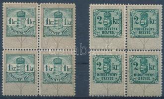 1891 Hirdetvénybélyeg 1kr, 2kr 4-es tömbökben