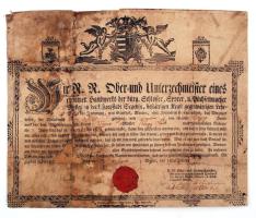 1831 Szeged, a városi fegyverkovács céh igazoló levele tanulmányok teljesítéséről, sérült, kartonra ...