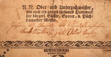 1831 Szeged, a városi fegyverkovács céh igazoló levele tanulmányok teljesítéséről, sérült, kartonra ...