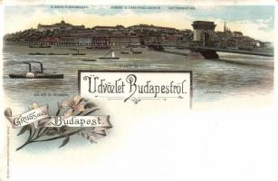 Budapest I. Királyi vár és várbazár, Lánchíd, floral, litho (kis szakadás / small tear)