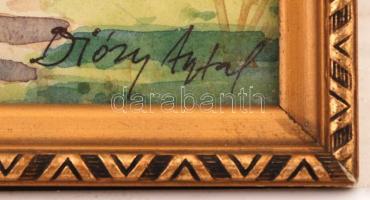 Diósy Antal (1895-1977): Folyópart fűzfával, akvarell, papír, üvegezett fa keretben, 28,5×39,5 cm