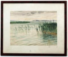 Udvary Pál (1900-1987): Balaton. Akvarell, papír, jelzett, foltos, üvegezett keretben, 30×40 cm