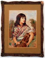 Garai jelzéssel: Rőzseszedő asszony, akvarellel festett selyemkép, paszpartuban, díszes fa keretben,...