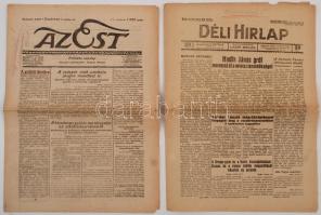 1918 2 db régi hírlapszám: Az Est, Déli Hírlap, aktuális hírekkel. Mindkét újság példányait elkobozták a kiadás után