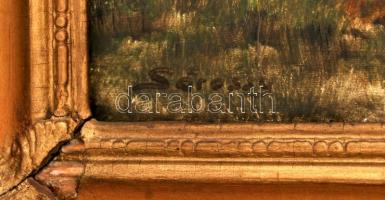 Sárossy jelzéssel: Tanya. Olaj, farost, antik sérült keretben, 40×50 cm