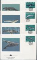 WWF Whales block of 4 + 4 FDC, WWF bálnák négyestömb + 4 FDC