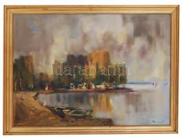 Sándorfalvi Sándor (1914-2010): Balaton part. Olaj, vászon, jelzett, keretben 50×70 cm