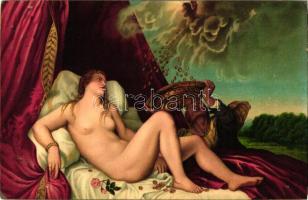 Danae, erotic art postcard, litho s: Tiziano