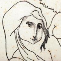 Jakovits József (1909-1994): Pár angyallal. Ceruza, papír, jelzett, üvegezett keretben, 30×17 cm