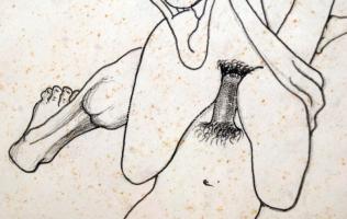 Jakovits József (1909-1994): Pár angyallal. Ceruza, papír, jelzett, üvegezett keretben, 30×17 cm