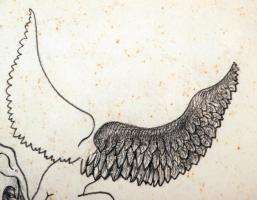 Jakovits József (1909-1994): Pár angyallal. Ceruza, papír, jelzett, üvegezett keretben, 30×17 cm