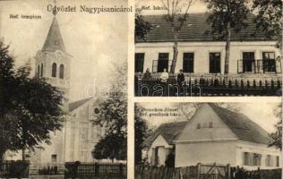 Nagypiszanica, Velika Pisanica; Református templom és iskola, Domokos József református gondnok háza / Calvinist church and school, Calvinist caretaker's house (EB)