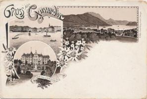 Gmunden, Landungsplatz, Schloss Cumberland, floral, litho (EB)