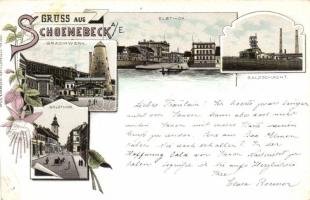 1896 Schönebeck, Gradirwerk, Salzthor, Elbthor, Salzschacht, floral, litho (r)