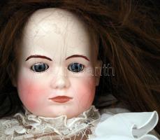 Hermann Herm Steiner antik porcelán fejű baba, kézzel festett, menyasszony ruhában, festett fa testt...