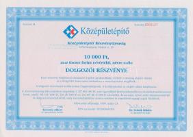 Budapest 1999. "Középületépítő Részvénytársaság" dolgozói részvénye 10.000Ft-ról (2x) sorszámkövetők T:I