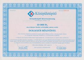 Budapest 1999. "Középületépítő Részvénytársaság" dolgozói részvénye 10.000Ft-ról (2x) sors...