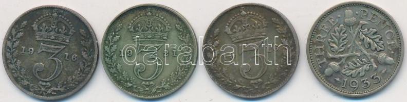 Nagy-Britannia 1916-1933. 3p Ag "V. György" (4x) T:2-,3 Great Britain 1916-1933. 3 Pence Ag "George V" (4x) C:VF,F