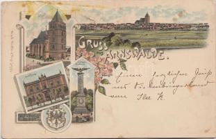 Choszczno, Arnswalde; St. Marys church, town hall, statue, floral, litho (wet damage)