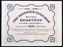 Budapest 1923. Taurus Huskereskedelmi Részvénytársaság 50 részvénye összesen 50.000K-ról, szelvényekkel és szárazpecséttel T:I-