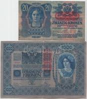 1902. 1000K mindkét oldal német, piros "Deutschösterreich" felülbélyegzéssel + 1912. 100K ...