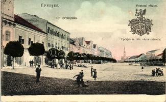 1907 Eperjes, Fő utca, törvényszék, városi címer; Divald / main street, court