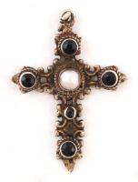 Antik ezüst (Ag.) kereszt függő, szintetikus kövekkel, és tenyésztett gyönggyel, jelzés nélkül, h:3 cm / Vintage silver cross