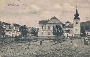 Vágratkó, Ratkó, Ratkova; Ágostai evangélikus templom, Községház / church, town hall (Rb)