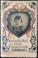 1938 Szontágh fotó: Anyák napi köszöntő fotólap, színeszve, 14x9 cm
