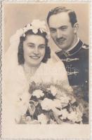 1944 Esküvői fotó, katona a feleségével, Bánhidy fényképész, Kassa / soldier and his wife, photo