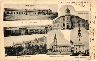 Szabadka, Vasútállomás, templomok, Beltéri iskola; Székely Z. és társai kiadása / railway station, churches, school