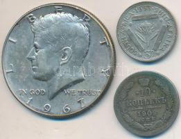 Vegyes: Amerikai Egyesült Államok 1967. 1/2$ Ag "Kennedy" + Dél-Afrika 1953. 3p Ag "II. Erzsébet" + Orosz Birodalom 1902. 10k Ag T:2,2-,3 Mixed: USA 1967. 1/2 Dollar Ag "Kennedy" + South Afrika 1953. 3 Pence Ag "Elizabeth II" + Russian Empire 1902. 10 Kopeks Ag C:XF,VF,F