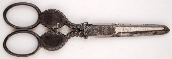 Solingen antik papírvágó olló, Ferenc József és Sisi arcképével díszített,jelzett, h:14cm