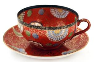 Jelzett japán teás csésze és alj, kézzel festett, jelzett, hibátlan