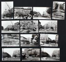 1967 Budapest, Baross téri közlekedés és szobor szállítás, 13 db város- és közlekedéstörténeti fotó,  9x13 cm