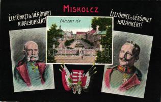 Miskolc, 'Életünket és vérünket a hazáért!' Ferenc József, II. Vilmos, Erzsébet tér, Grünwald Ignácz kiadása (EK)