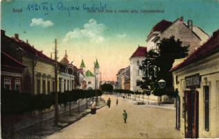 Arad, Deák Ferenc utca a román polgári leányiskolával, Keresztury Kálmán üzlete, Kerpel Izsó kiadása / street, Romanian girls' school, shop (r)