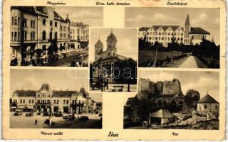 Léva, Megyeháza, Római katolikus templom, Tanítóképző, Városi szálló, vár / county hall, Roman catholic church, teacher training, hotel, castle (fa)