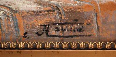 Hauke jelzéssel: Asztali csendélet. Olaj, karton, festék kopásokkal, antik sérült keretben, 30×50 cm