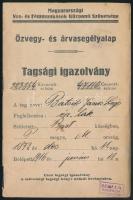 1916 A Magyarországi Vas- és Fémmunkások Központi Szövetésge özvegy- és árvasegélyalap által kiadott tagsági igazolvány sok bélyeggel