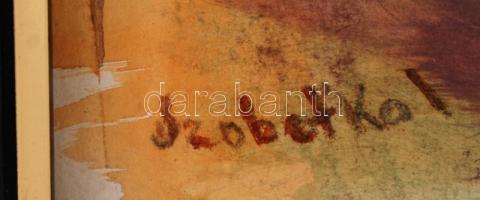 Szobotka jelzéssel: Absztrakt csendélet kancsóval. Akvarell, papír, üvegezett fa keretben, 48,5×35,5...