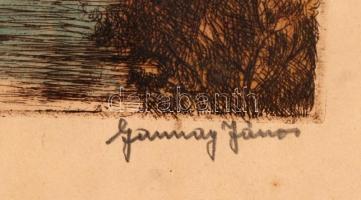 Gannay János (1905-1992): Mosónők. Színezett rézkarc, papír, jelzett, üvegezett keretben, 27×36 cm