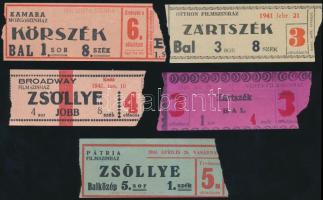 1940-1943 Régi mozijegyek(Kamara Mozgószínház, Pátria Filmszínház, Broadway Filmszínház, Otthon F., Vesta F.), 5 db