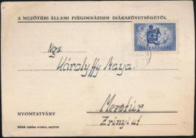 1949 Meghívó a Mezőtúri Állami Fiúgimnázium Diákszövetségég által rendezett tornaestélyre, melyen Dr...