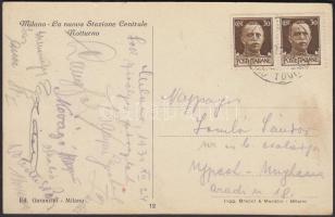 1931 az Újpest Torna Egylet játékosainak aláírásai a dél-amerikai túra előtt Milánóból küldött levelezőlapon